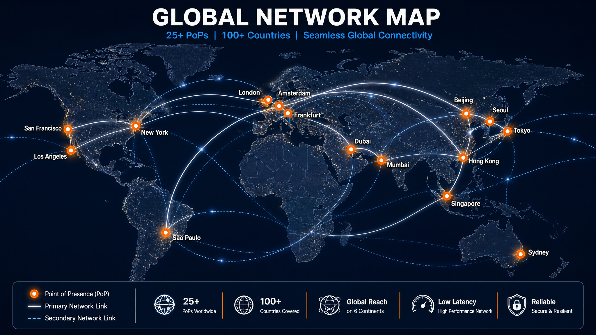 StarCloud global network map showing 25+ Points of Presence across 100+ countries